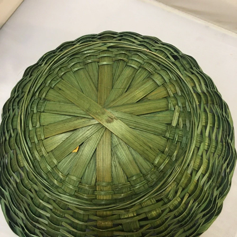 Woven Bamboo Basket Home Decor OS Green Round Decorative Bowl Bohemian